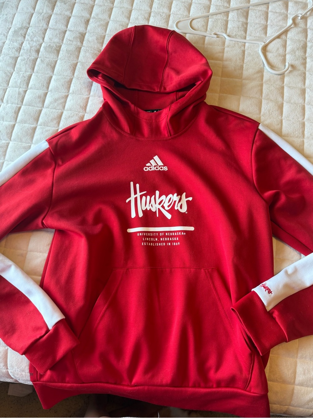 Adidas Red Huskers Hoodie with White Sleeve Accents